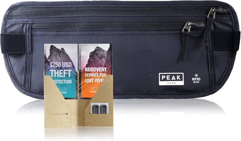 Peak Gear حزام المال للسفر. محفظة سفر عالية الجودة مع قماش مانع لتسرب RFID لحماية بطاقات الائتمان، جوازات السفر والمستندات. حماية حصرية من السرقة و2 علامة استرداد | أسود - Image 1